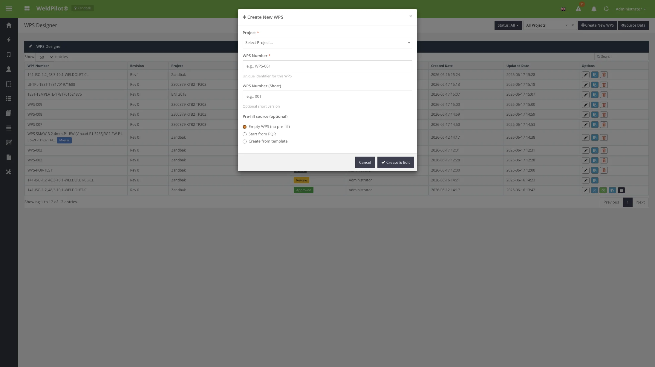 Create New WPS modal