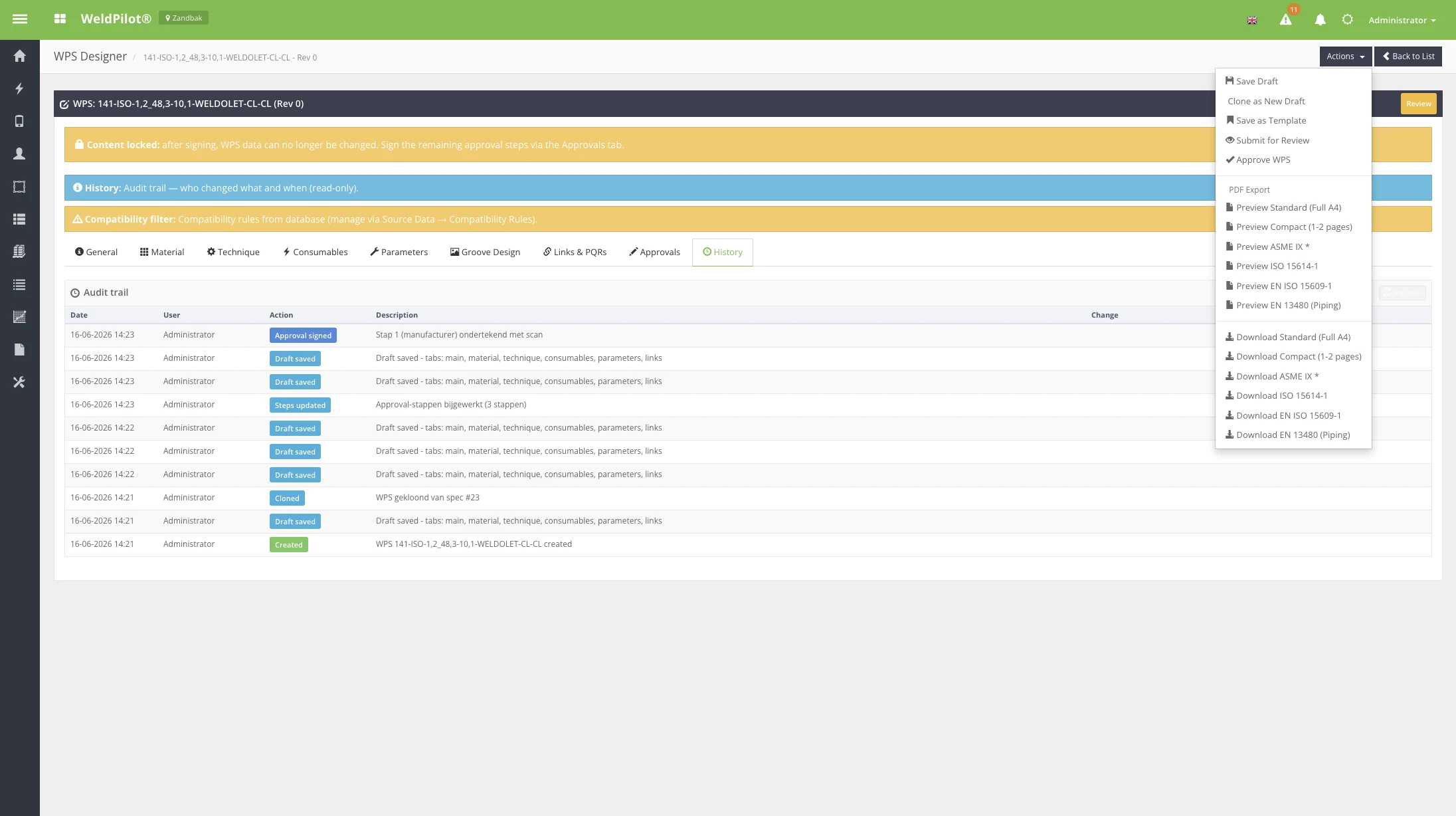 Review history with audit entries