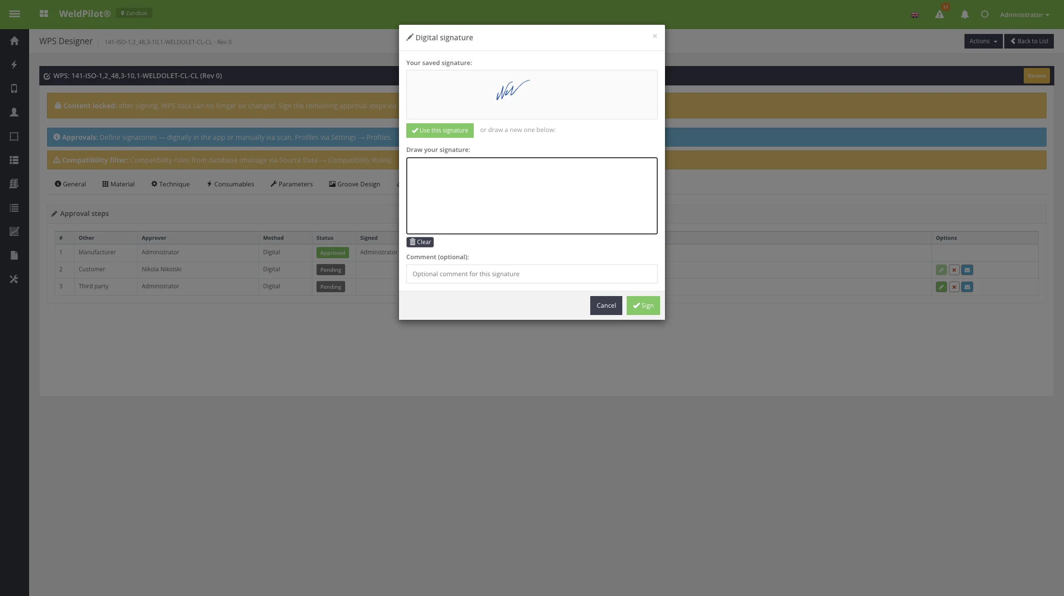 Digital signature modal